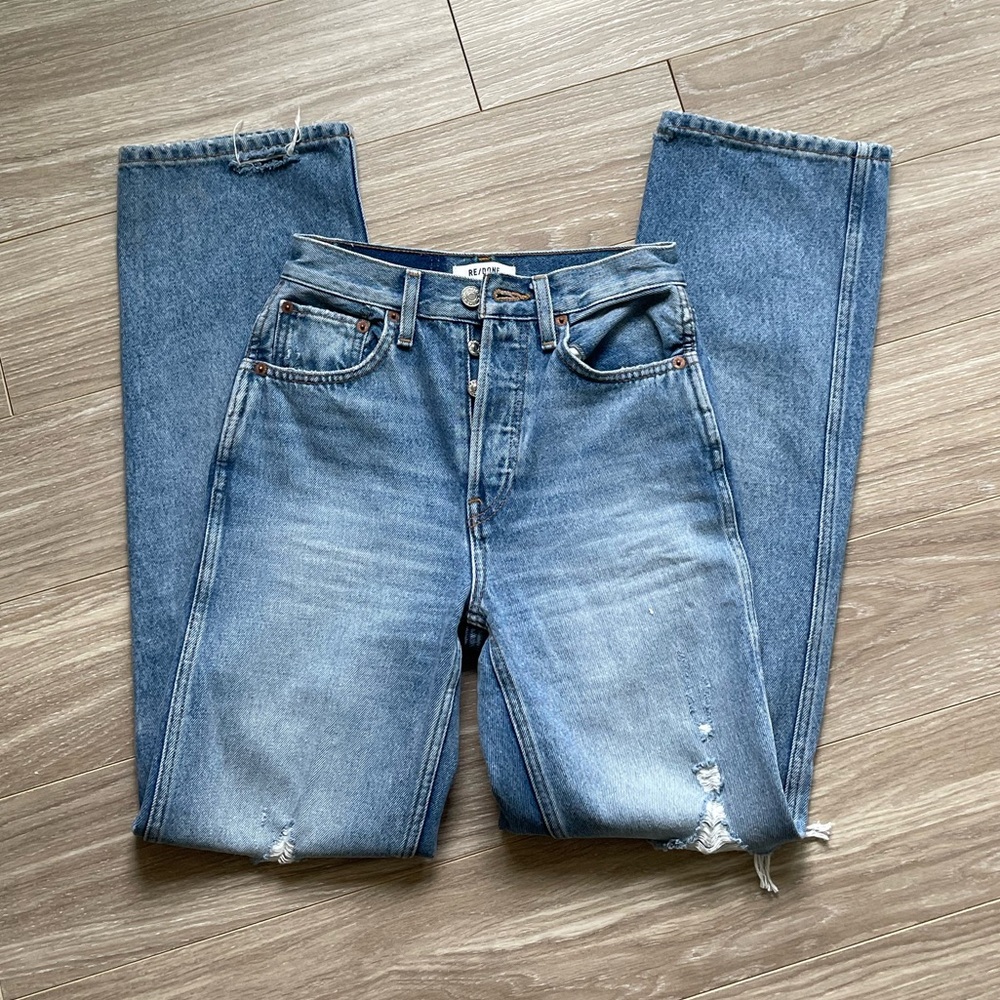 Redone 90s High Rise Loose Medium Destroyed Blue Wash Sz 24 100% Cotton EUC - Picture 12 of 13